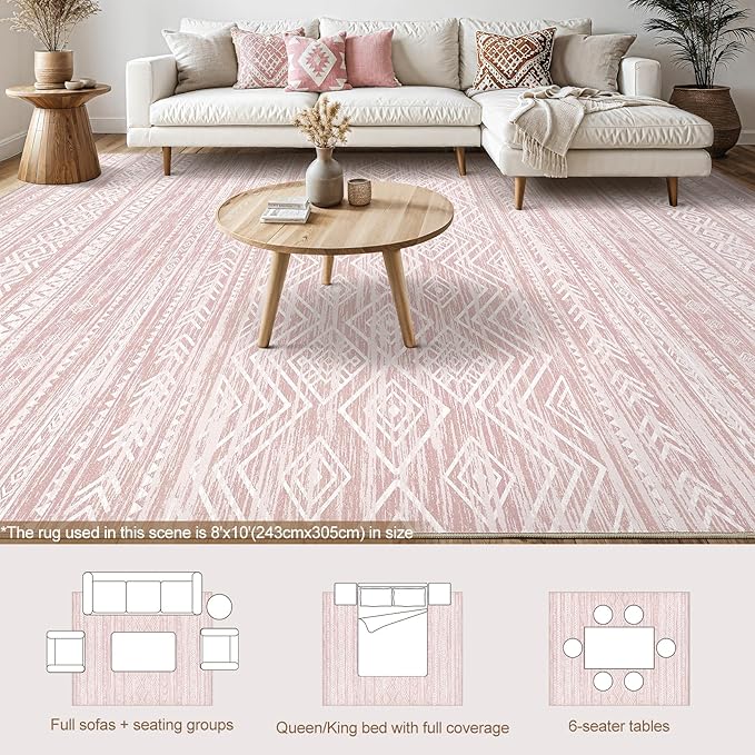 Tortania Area Rug Living Room Rugs- 8x10 Washable Large Soft Neutral Boho Moroccan Bohemian Farmhouse Rug Indoor Floor Carpet for Bedroom Under Dining Table Home Office Decor - Pink