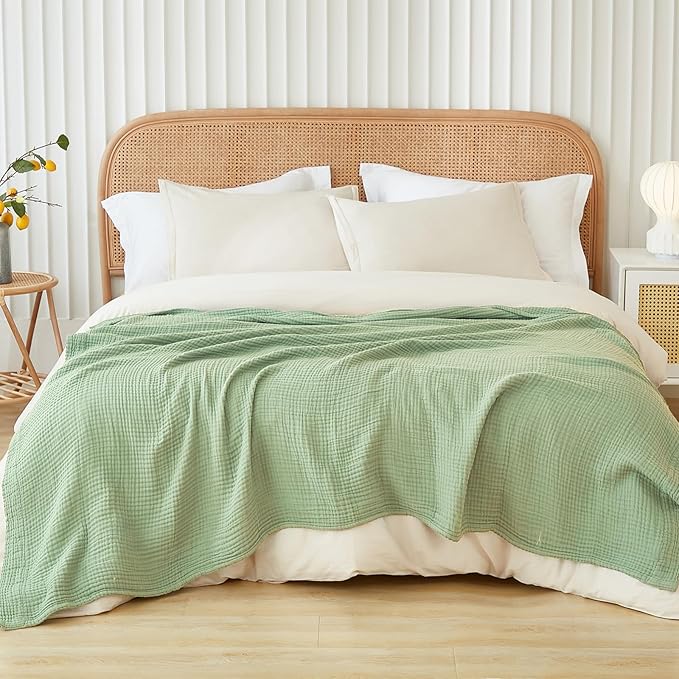 EMME Cotton Summer Throw Blanket for Couch Soft Muslin Blankets 50"x60" Lightweight Breathable All Season Gauze, Sage Green