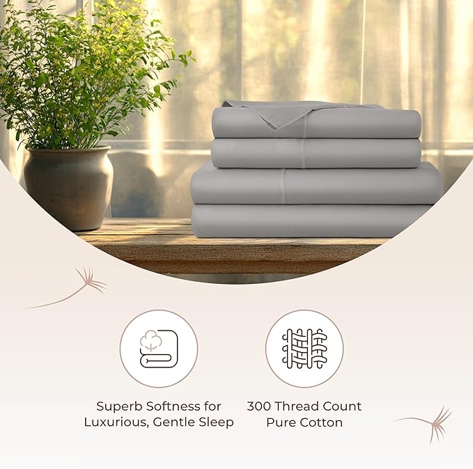 100% Organic Cotton Sheets Twin Size - GOTS Certified Organic Bed Sheets with Deep Pocket 300 Thread Count & Cozy Sateen Weave Gets Softer with Each Wash - Luxury 3 Piece Set (Stone, Twin)