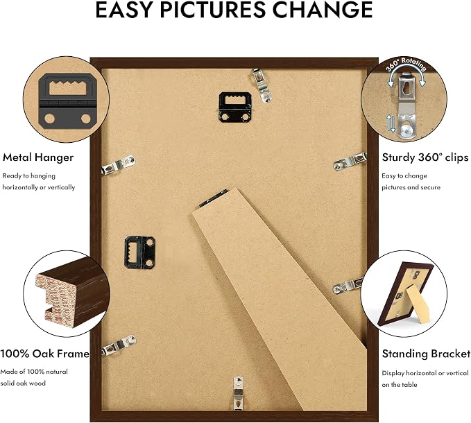 Hongkee 9x12 Oak Wood Picture Frame 1 Pack(Matted 7x10), Real Glass Cover | Walnut, 9 x 12 Solid Wood Frame for Wall or Tabletop Display - Includes Easel Back, Vertical Hang - Ideal for Home, Office
