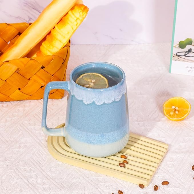 24oz Large Ceramic Coffee Mug with Big Handle, Handmade Kiln Glazed Large Coffee Mug Tea cup, Novelty Mug，Unique Uneven Surface for Office and Home，Microwave and Dishwasher Safe (Light Blue)