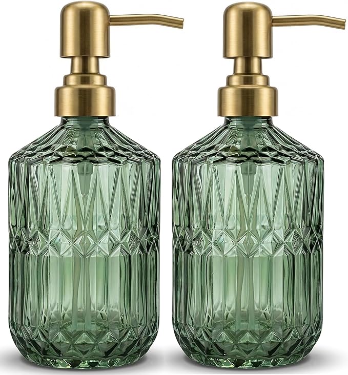2-Pack Green Hand Soap Dispenser with Gold Stainless Steel Pump, Refillable Glass Soap Dispenser for Bathroom, Vintage Kitchen Soap Dispenser for Liquid Hand Soap, Lotion, Body Wash (14 OZ)
