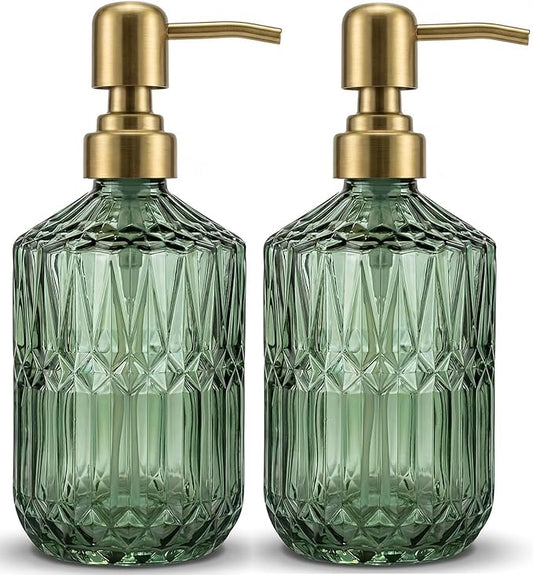 2-Pack Green Hand Soap Dispenser with Gold Stainless Steel Pump, Refillable Glass Soap Dispenser for Bathroom, Vintage Kitchen Soap Dispenser for Liquid Hand Soap, Lotion, Body Wash (14 OZ)