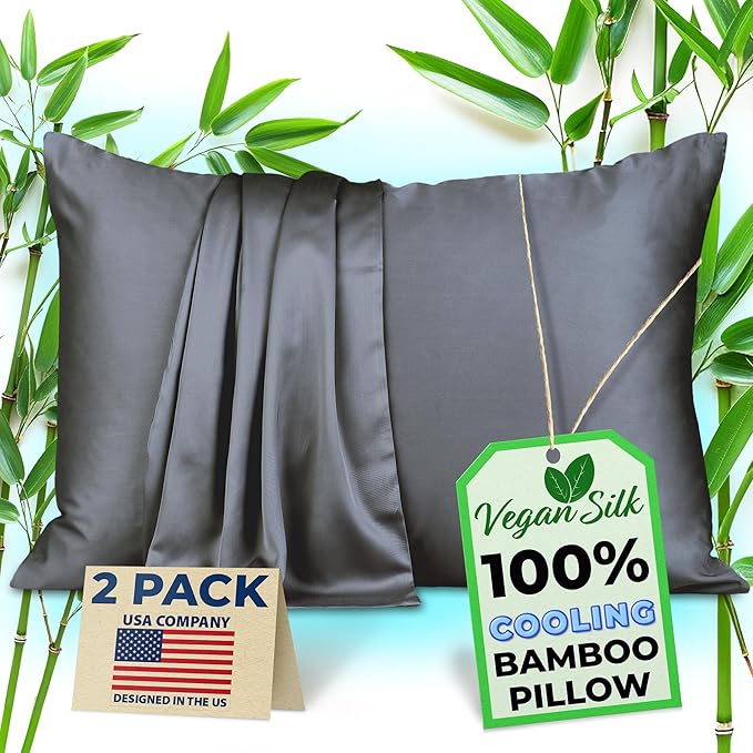 Pillow Cases - 100% Viscose Derived from Bamboo - Cooling Pillowcase - King Size, Dark Gray, Set of 2 Zippered - for Hot Sleepers - Soft Pillow Covers - by Vegan Silk