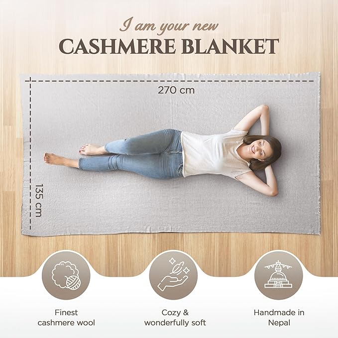 Cashmere Blanket – Hand Woven 100% Pure Wool Throw Blanket, 135 x 270 cm – Fine Herringbone Pattern Cozy, and Soft Blanket for Bed, Sofa, or Couch - Made in Nepal