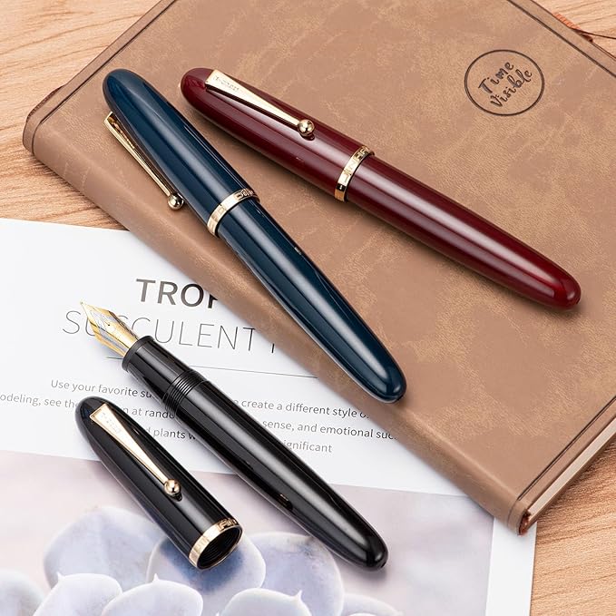 Jinhao 9019 DaDao Series Fountain Pen, Size 8 Fine Nib with Large Ink Converter, Piano Black Acrylic Design Smooth Writing Pen (Gold Trim)