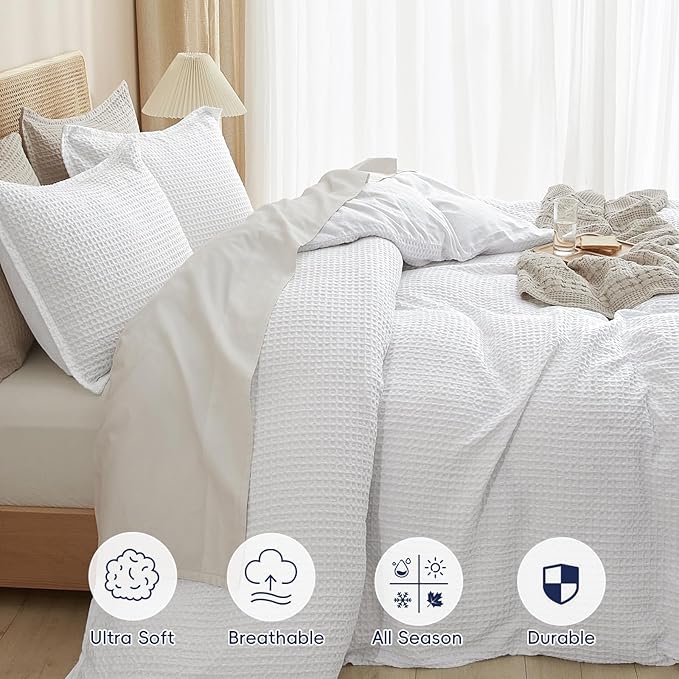 PHF Waffle Weave Duvet Cover Set Queen Size, No Snagging Ultra Soft Luxury Textured Breathable Comforter Cover for All Season 3pcs, Durable Bedding Duvet Set with 2 Pillow Shams, 90"x90", White