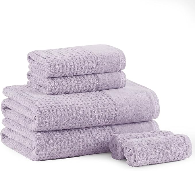 Madison Park Spa Waffle 100% Cotton Luxurious Towel Set, Premium Texture Waffle Weave, Highly Absorbent, Quick Dry, Hotel & Spa Quality Wash Clothes for Bathroom, Assorted Sizes, Lilac 6 Piece