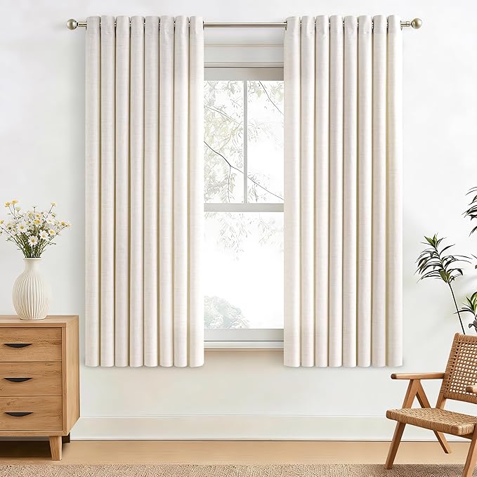 Semi Sheer Natural Linen Curtains 63 Inch Length 2 Panels Set Ivory Cream Colored Light Filtering Bronze Grommet Drapes Flax Linen Privacy Boho Farmhouse Curtain for Kitchen 52x63