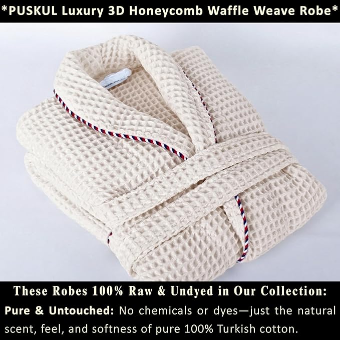 PÜSKÜL Luxury Waffle Robe for Women & Men - Natural 100% Turkish Cotton Bathrobe - Housecoat Womens & Housecoat Mens