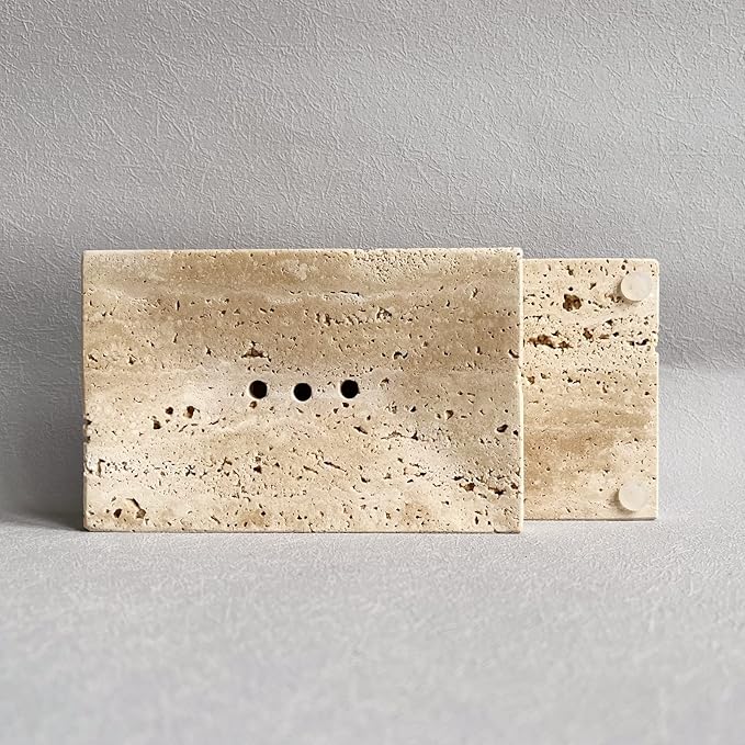 Natural Smooth Real Marble Soap Dish/Facial Sponge Holder/Bathroom Makeup Sponge Tray with Draining Hole (Beige Travertine)