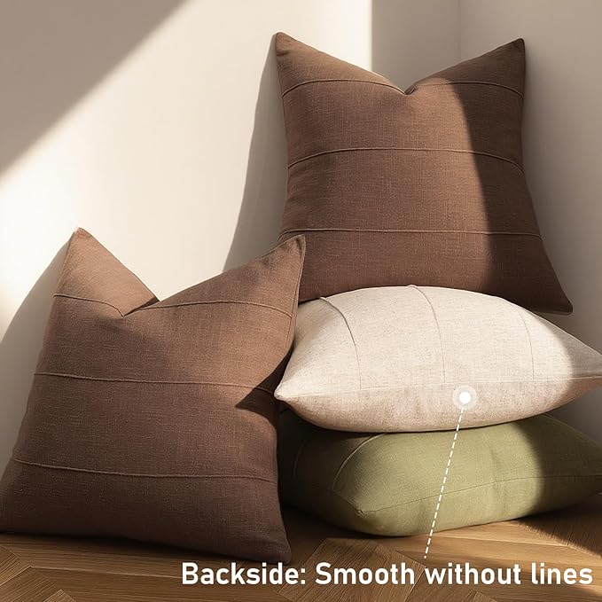 ZWJD Decorative Linen Throw Pillow Covers 18x18 Set of 2 Solid Handcrafted Striped Cushion Covers for Bed Soft Modern Farmhouse Neutral Pillowcase for Couch Bedroom Living Room Home Decor(Brown)