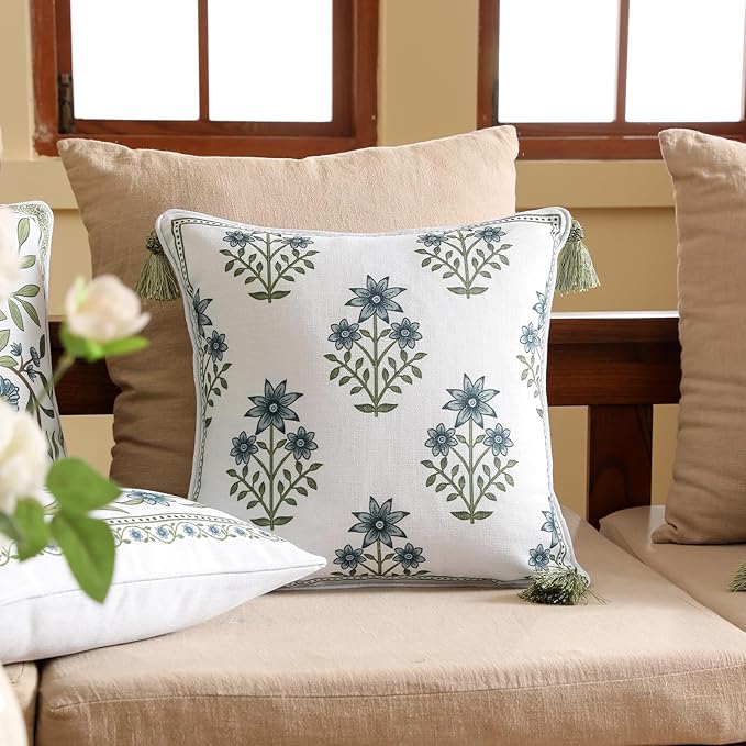ISAENNE Design Fresh Linen Square Throw Pillow Covers 18"x18" Pack of 2, French White Cottage Cushion Covers with Blue Floral Branches Pattern Decor Pillowcases for Bed,Living Room,Outdoor,Car