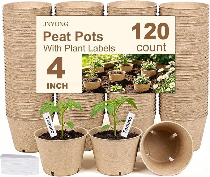 JNYONG 120 Packs 4 Inch Peat Pots,Biodegradable Pots for Seedlings with Drainage Holes, Garden Germination Nursery Pots with100Pcs Plant Labels