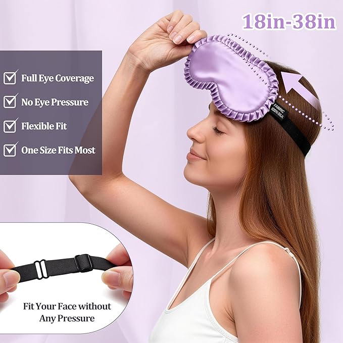Silk Sleep Mask for Women, 100% Mulberry Silk Eye Mask, All-Silk Filled, Adjustable Elastic Strap with Elegant Wave Trim, Blackout Soft Eye Cover, Travel & Gift (Purple)