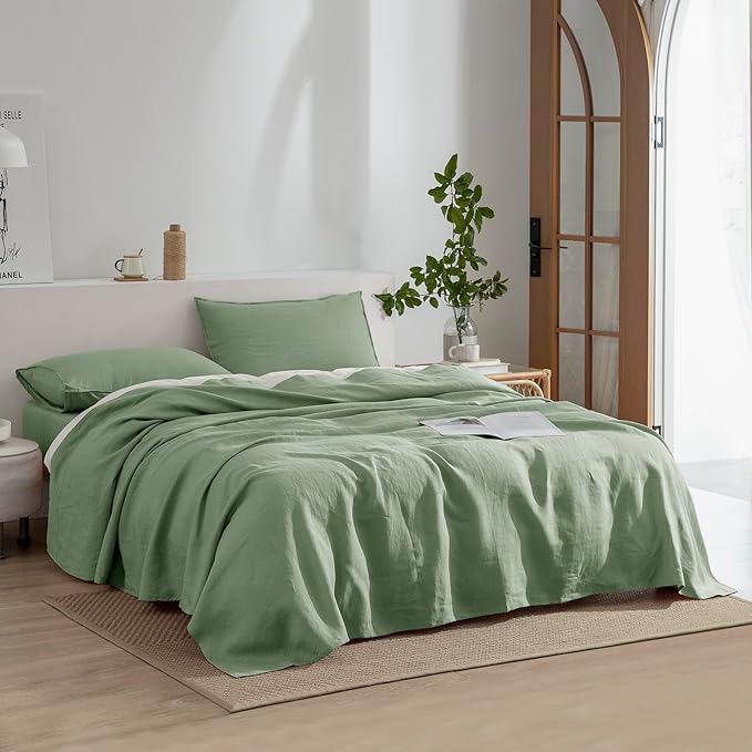 EVERLY Linen Sheets Set Queen Size,100% French Stonewash Pure Linen Sheets Set,4Pieces (1Flat Sheet,1Fitted Sheet,2Pillowcase) Suitable for Hot Sleepers,Natural Linen Bed Set-Saga Green-Queen