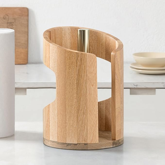 Anji Mountain Wooden Paper Towel Holder Countertop with Mango Wood Round Base and Iron Holder, Holder Stand for Kitchen Roll Organizer & Kitchen Dining Table Home Decor - Mango/Gold, Arc Hold