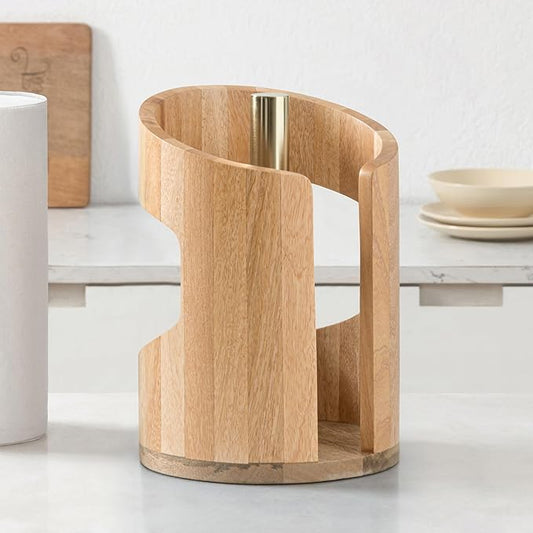 Anji Mountain Wooden Paper Towel Holder Countertop with Mango Wood Round Base and Iron Holder, Holder Stand for Kitchen Roll Organizer & Kitchen Dining Table Home Decor - Mango/Gold, Arc Hold