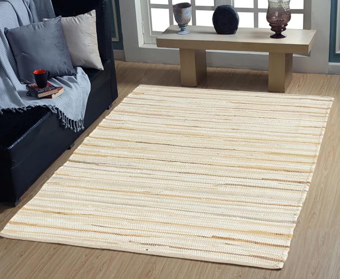 Handmade Cotton Chindi Rug Runner Area Rag Washable Recycled Rugs for Home Décor, Living Room and Bedroom (Beige, 4X6 Feet)