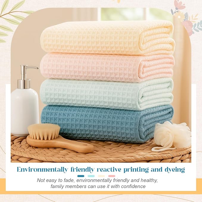 SmoothNovelty 4 Pack 100% Cotton Waffle Bath Towels 28 x 55 Inch Oversize Waffle Towel Quick Dry Absorbent Soft Lightweight Blanket for Bathroom Shower Spa Yoga Beach Pool Travel, Blue, Pink, White