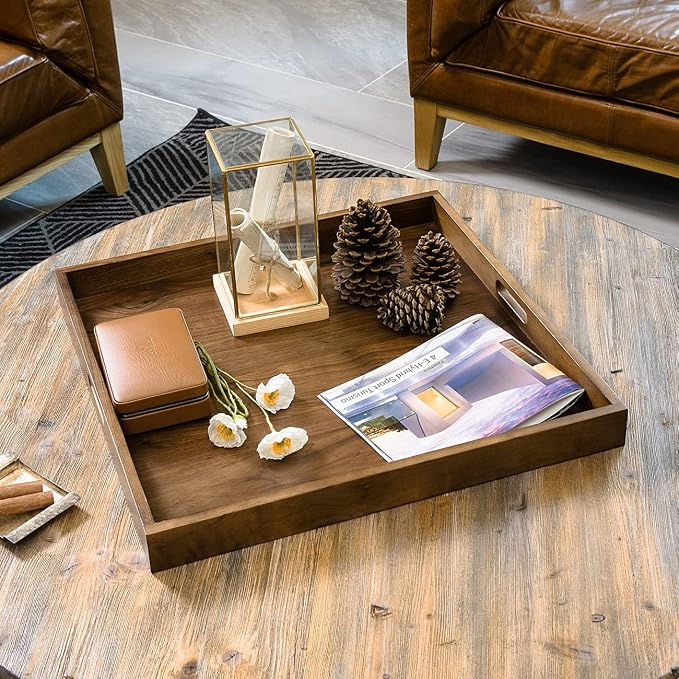 24 x 24 inches Black Walnut Extra Large Ottoman Tray Wood Trays with Handles Square Wooden Solid Serving Tray for Oversized Ottoman Living Room