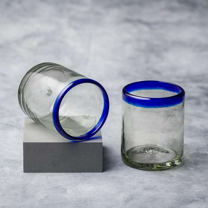 10 Strawberry Street Cobalt Rim DOF Handblown Mexican Glass, Set of 6
