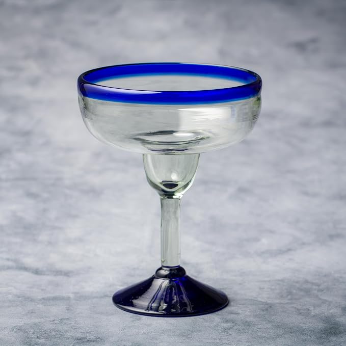 10 Strawberry Street Cobalt Rim Margarita Handblown Mexican Glass, Set of 6