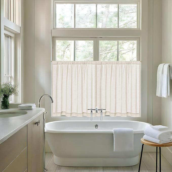 Beige Semi Sheer Linen Kitchen Curtains 45 Inch Length 2 Panels | Natural, Flax Texture Drapes, for Basement Small Window Loft Room, Half Curtains, Light Reducing, 25x45 Inches