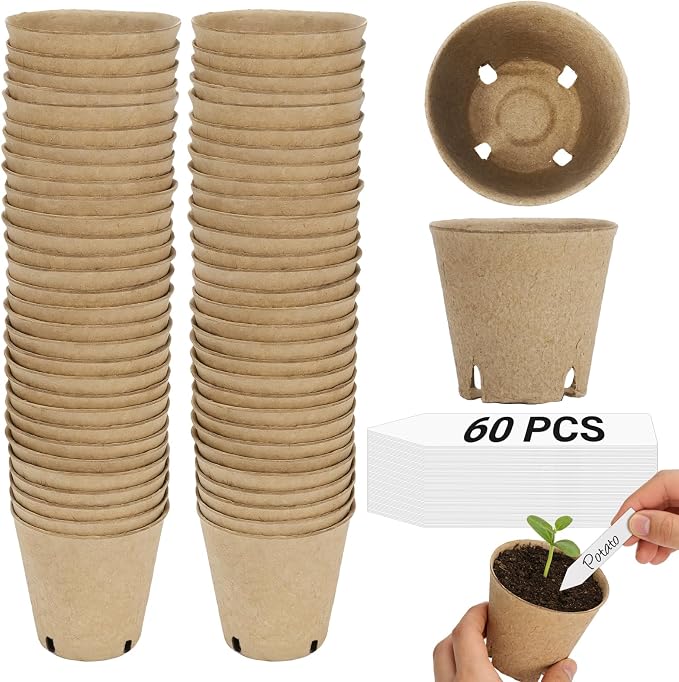 60Pcs 3.1 Inch Peat Pots - Nursery Pots with Drainage Holes for Seedlings - Biodegradable Seed Starting Pots with 60Pcs Plant Labels for Garden Plants