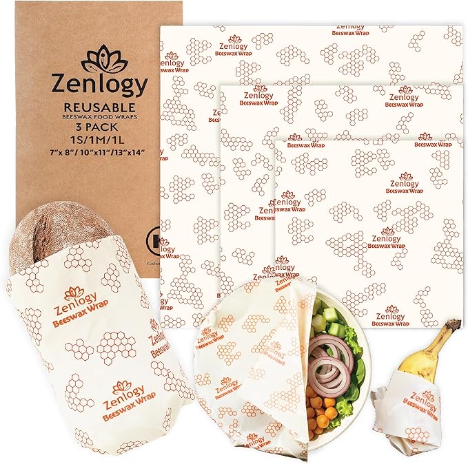 Beeswax Food Wraps 3 Pack (Small, Medium, Large) – Zenlogy Reusable Beeswax Wraps, Organic Cotton & Natural Beeswax, Washable & Plastic Free, Eco Friendly Sustainable Food Storage