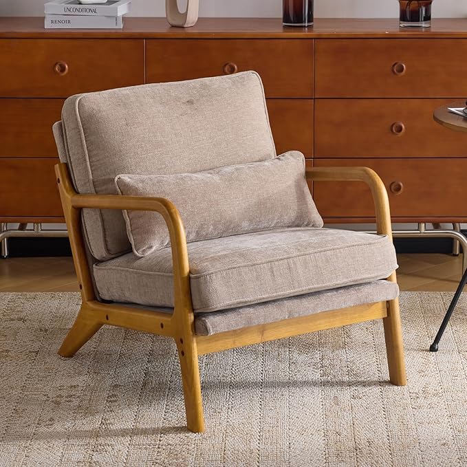 Karl home Mid-Century Modern Accent Reading Chair, Khaki | Chenille Upholstered, Solid Wood Frame, Soft Cushion, Lumbar Pillow, Lounge Armchair for Living Room, Bedroom, Balcony, Study
