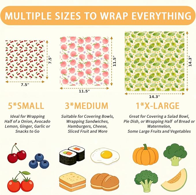 Reusable Beeswax Wraps, 9 Pack Eco-Friendly Food Storage, Organic, Sustainable, Zero Waste, Plastic-Free, For Sandwiches, Bread & Bowls, 1XL, 3M, 5S, Peach Cherry Leaves Patterns