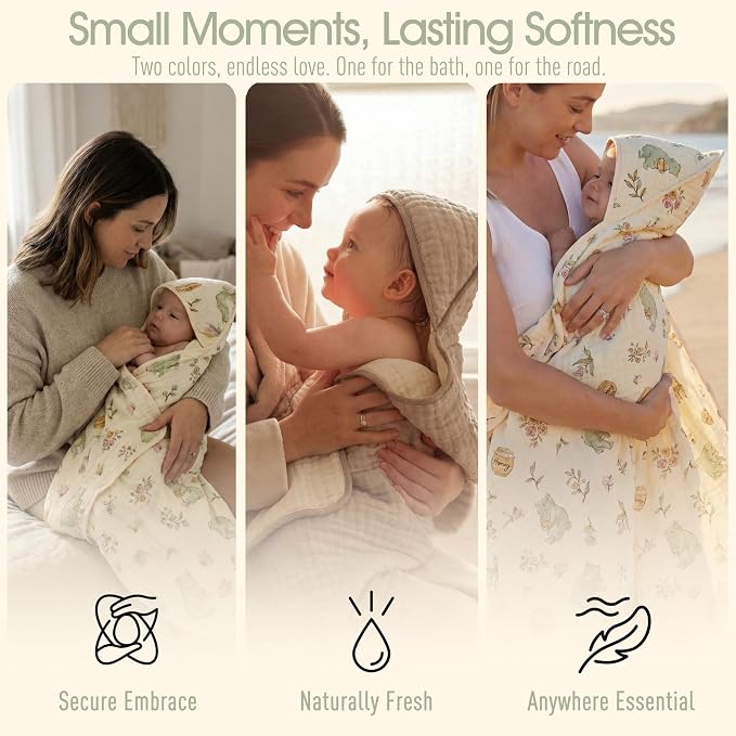 4-Piece Muslin Baby Towel Set - Made with Organic Cotton, (2) 6-Layer 32x32 Towels & (2) Washcloths, Bath, Beach & Pool Gift Set (Nature Garden & Classic Coffee)