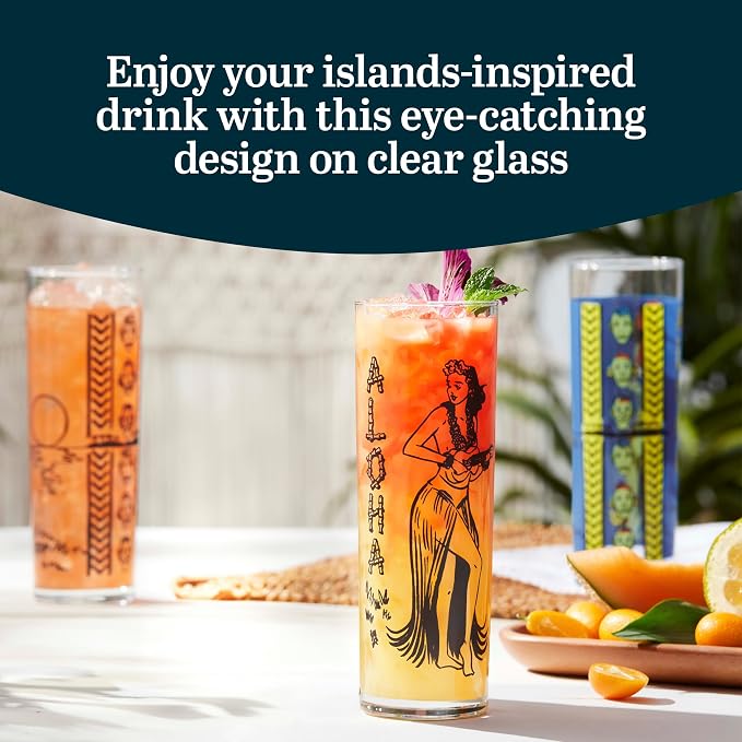 Libbey Zombie Clear Glass Tumbler Set, Vintage-Style Tiki Drinking Glasses Set of 4, Exotic, Tall Drinking Glass Cups for Backyard Luau or Pool Party