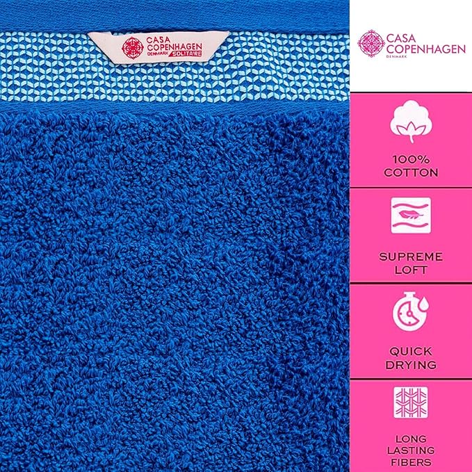 CASA COPENHAGEN Solitaire 6Pcs 100% Egyptian Cotton Large Designer Towels Gift Set- Bright Blue, 600GSM, 2Bath 2Hand 2Washcloths, Bath Towels for Bathroom Set for Women & Men