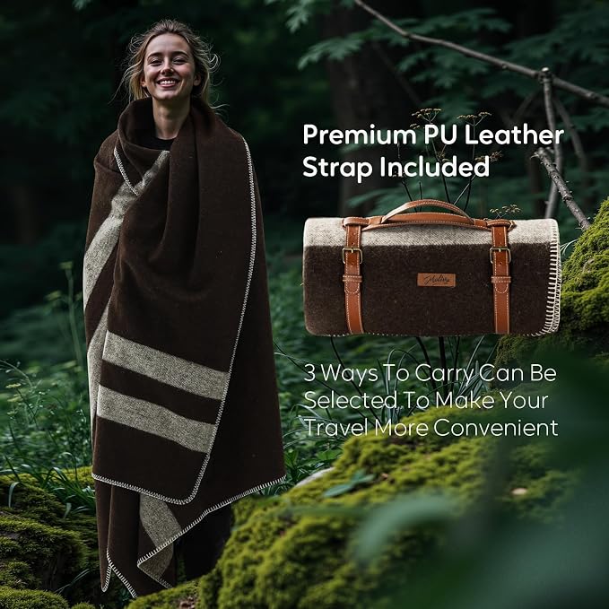 Molithe 100% Wool Blanket, 48" x 62", Warm, Thick, Washable, Military | Great for Camping, Outdoors, Sporting Events, Survival Kits Brown and Ivory
