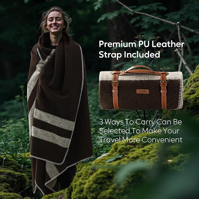 Molithe 100% Wool Blanket, 62" x 86", Warm, Thick, Washable, Military | Great for Camping, Outdoors, Sporting Events, Survival Kits Brown and Ivory
