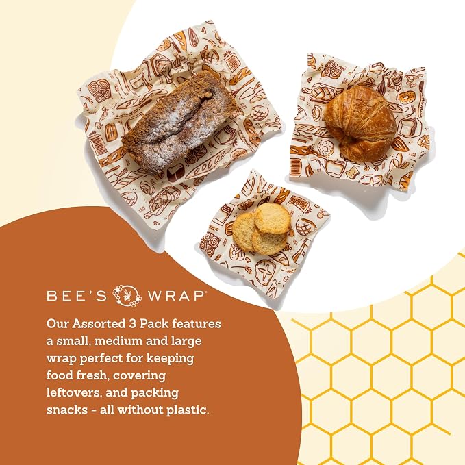Bee's Wrap Beeswax Wraps for Food - 3 Pack of Assorted Beeswax Wraps - Small, Medium & Large Wrap - Plastic Free Made in USA Reusable Natural Food Wrap - Bakery Lane Print