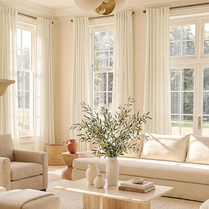 NICETOWN Semi Sheer Beige Linen Curtains for Living Room, Rod Pocket & Back Tab Thick Linen Blend Privacy with Light Filtering Window Treatments for Farmhouse/Living Room, W55 x L84, 2 Panels