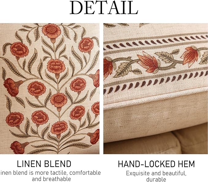ISAENNE Design Linen Square Vintage Throw Pillow Covers 18"x18" Pack of 2, Brick Red Cushion Covers with Orange Floral Green Leaves Pattern Decoration Pillowcases for Bed,Living Room,Outdoor,Car