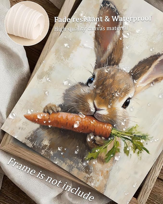 Vodefoad Carrot Rabbit Retro Vintage Canvas Wall Art Bunny Holding Carrot Canvas Cute Rustic Farmhouse Rabbit Wall Art Animal Nursery Decor, Spring Bunny Painting, Easter Bunny Print for Bedroom Bathroom Holiday Decor - 8x10Inch Unframe