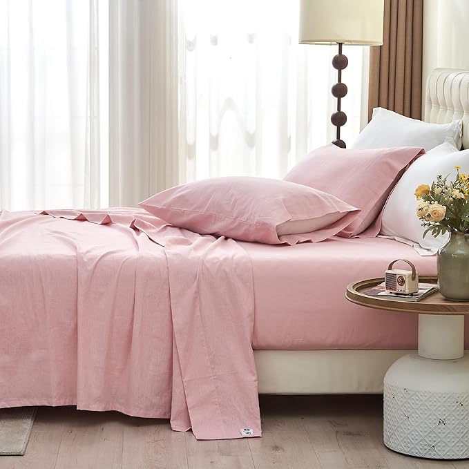BISELINA Linen Sheet French Flax Flat Sheet Only 55% Euro Linen 45% Cotton Basic Style Solid Color Soft Breathable Farmhouse Top Sheet 1-Piece (King, Pale Pink)