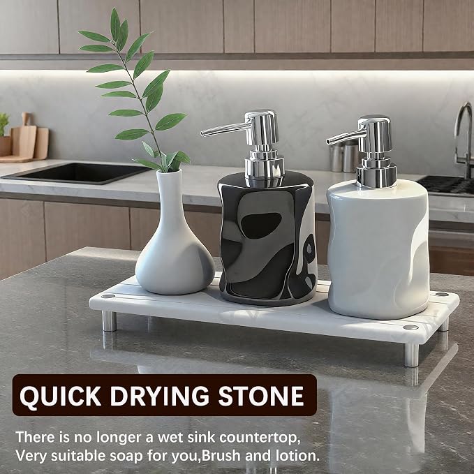 Quick Dry Sink Caddy Kitchen Sink Organizer, Water Absorbing Stone Tray for Sink, Stone Drying Tray, Diatomite Faucet Mat & Protector, Dispenser Sponge Holder, Stone Soap Tray for Bathroom Counter