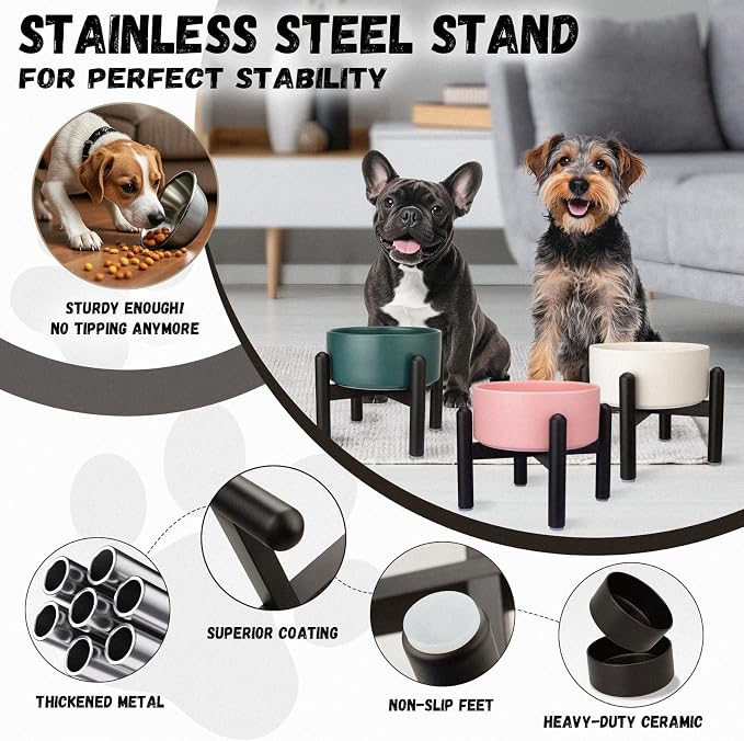 Raised Ceramic Dog Bowl, 6.1'' Modern Feeding Bowl with Non-Slip Stainless Steel Stand, Elevated Food or Water Dish for Small to Medium Dogs, 2 Cups (28.75 fl oz) - White