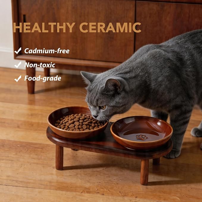 Havniva Elevated Cat Bowls Raised Ceramic Cat Bowl, 5.7” Wide Opening Cat Food Bowl Whisker Friendly Cat Dish Anti-Slip with Wood Stand, Shallow Pet Food & Water Bowl for Indoor Cats