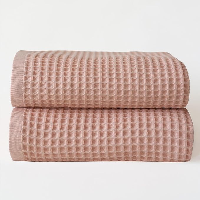 Premium Waffle Bath Towels Pack of 2 Extra Large 35x71 inch - 100% Turkish Cotton, Waffle Weave, Quick Dry, Lint Free, Oversized, Thin Bath Sheet Towel (Light Pink, Set of 2 Bath Towels)