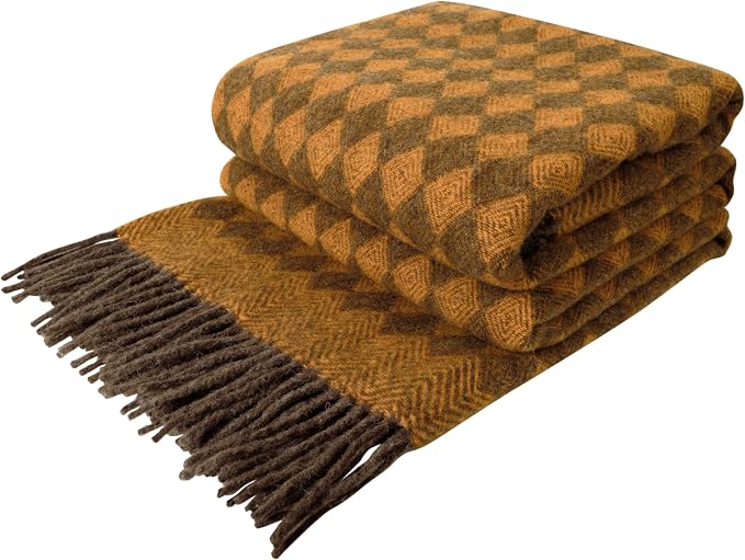LYHome Wool Blanket 100% - Warm and Cozy Throw for Home Travel Outdoor Camping Picnic & Cold Weather, Decorative Blankets Couch Bed, Warmest Throws (55 x 79 in | Mustard - Brown Scandinavian Rhombus)