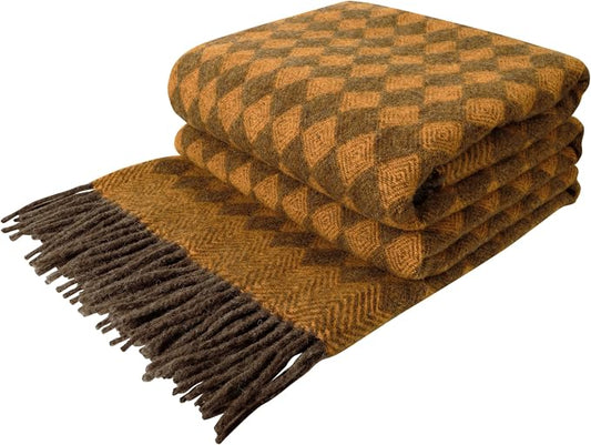 LYHome Wool Blanket 100% - Warm and Cozy Throw for Home Travel Outdoor Camping Picnic & Cold Weather, Decorative Blankets Couch Bed, Warmest Throws (55 x 79 in | Mustard - Brown Scandinavian Rhombus)