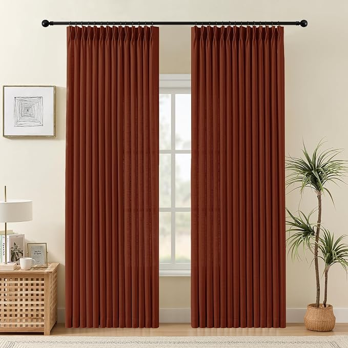 Pinch Pleated Linen Curtains 84 Inch Length 2 Panels Set, Light Filtering Linen Textured Sheer Drapes Memory Trained Pleated Curtain Back Tab for Bedroom Farmhouse with Hooks Rings, Chestnut Brown