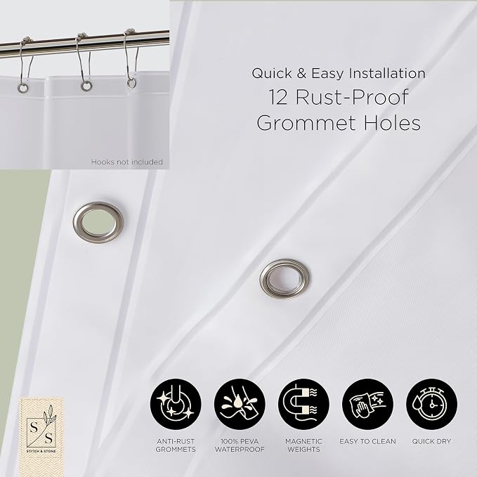 Stitch & Stone Shower Curtain Liner, Premium Medium Weight Durable Waterproof 6g PEVA for Bathroom with Weighted Magnets, Standard Size 72" x 72", Frosty 1 Pack